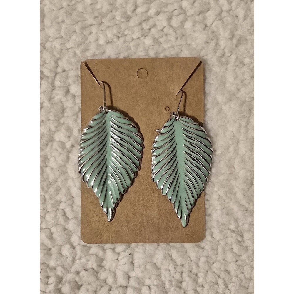 Leaf Dangle Earrings Mint Green/Silver Enamel Boho Fairycore Nature Cottagecore